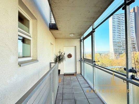 Offener Gang führt zur Wohnung (Eingangstüre links) - rechts Alt Erlaa