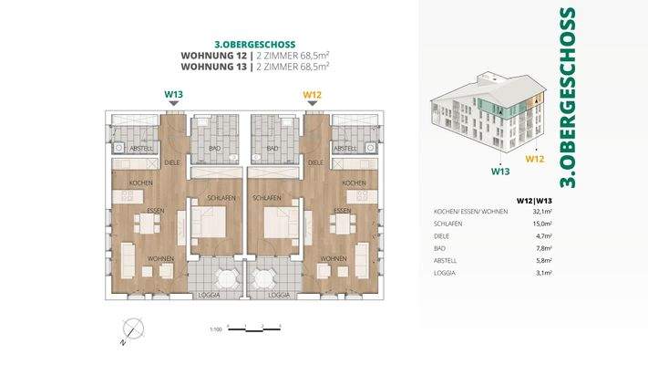 3. OG Wohnung 12-13 Wohnfläche