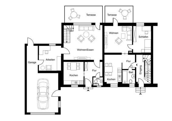Erdgeschoss (links: Anbau = Einfamilienhaus mit direktem Zugang zur Garage / rechts: Zweifamilienhaus)