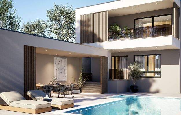 Poolbereich mit Sommerküche und Hauptgebäude