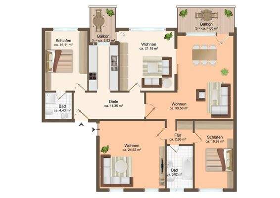 Grundriss, ursprüngliche Wohnungen farblich markiert