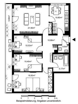 Grundriss mit Wohnzimmer (21,90 qm), Flur (10,88 qm), Schlafzimmer (16,83 qm), Kinderzimmer (10,45 qm und 10,53 qm), Badezimmer (5,17 qm), Gäste WC(1,63 qm) , Küche(10,80 qm) und Balkon (5,68qm) 