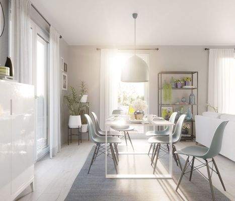 Heller, offener Wohnbereich mit viel Tageslicht – einladend gestaltet für gemeinsames Leben und Entspannen.