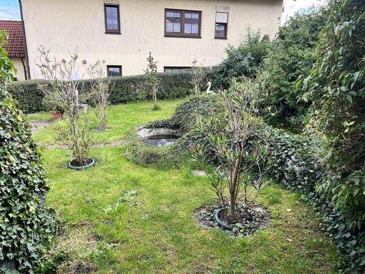 Viel grün, gepflegter Garten mit Sträuchern, Rasenfläche und kleinem Teich