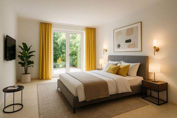 Visualisierung Schlafzimmer mit Fensterfront