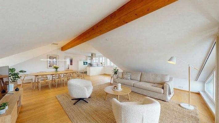 Einrichtungsbeispiel Wohnzimmer mit offener Küche