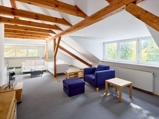 Ausgebauter Dachstuhl mit Ausblick in den Garten