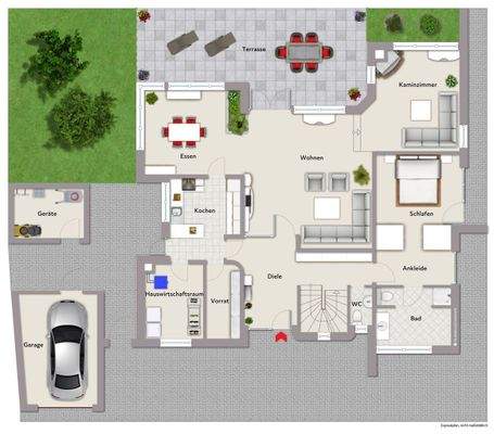 Grundriss Erdgeschoss (nicht maßstabsgerecht, Möblierungsbeispiel)