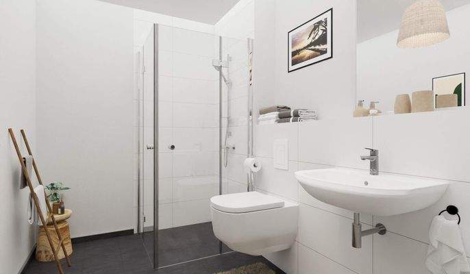 Ein modern gefliestes Badezimmer mit bodengleicher