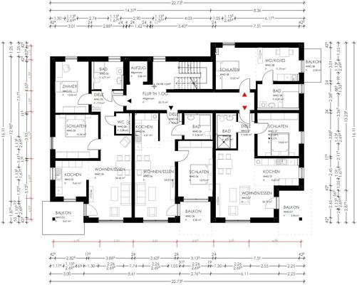 Grundriss mit Maßketten, 1. OG, W 5,6,7,8