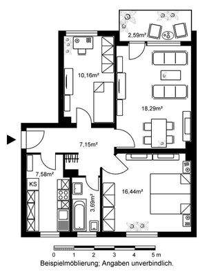 Grundriss mit ca 10,16m² Kinderzimmer, 2,59m² Balkon, 18,29m² Wohnzimmer, 7,15m² Flur, 7,58m² Kücke, 3,69m² Bad und 16,44m² Schlafzimmer
