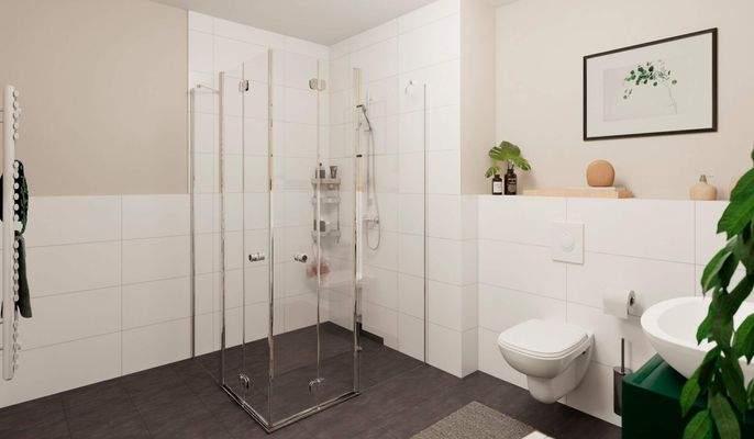 Ein modern gefliestes Badezimmer mit bodengleicher Dusche