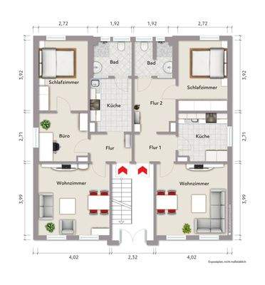 Grundriss Erdgeschoss (nicht maßstabsgerecht, Möblierungsbeispiel)