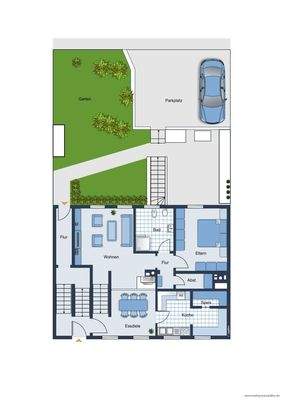 Grundrissskizze vom Erdgeschoss des Hauses - nicht maßstabsgetreu - Möblierung dient lediglich zur Veranschaulichung und ist nicht Bestandteil des Hauses