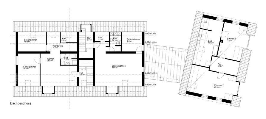 Dachgeschoß / Rechts: Bestand / Links: Planung
