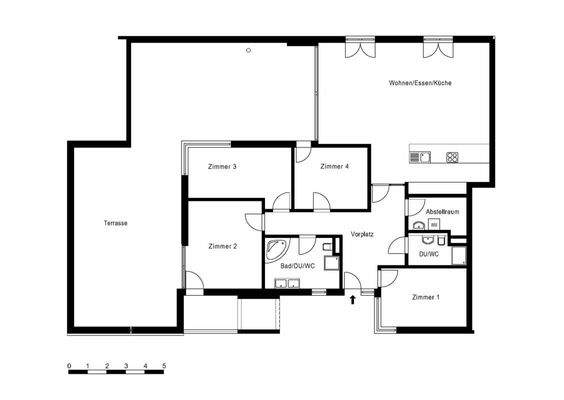 Grundriss der Terrassenwohnung mit grosser Rheinterrasse und Lift, Kellerraum und zwei Einstellhallenplätzen