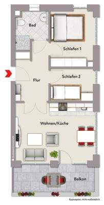 Grundriss (nicht maßstabsgerecht, Möblierungsbeispiel)