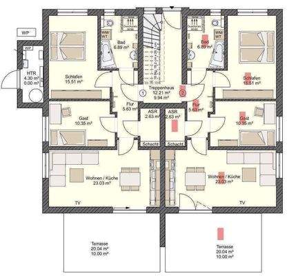 Grundriss Whg.2, EGli rot markiert 