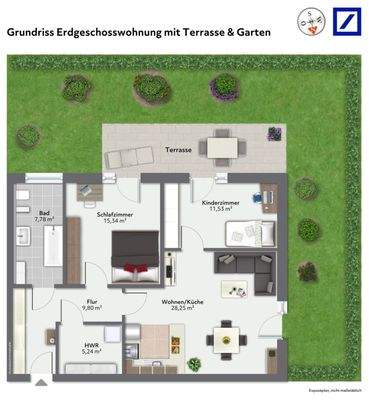 Grundriss Erdgeschosswohnung mit Terrasse und Garten