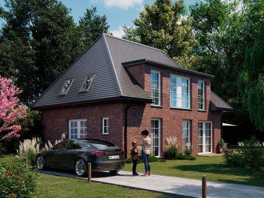 Visualisierung des genehmigten Hauses mit Eingang und Stellplatz