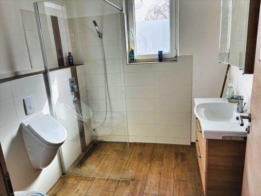 schickes Tageslichtbad mit bodengleicher Dusche, Urinal und WC