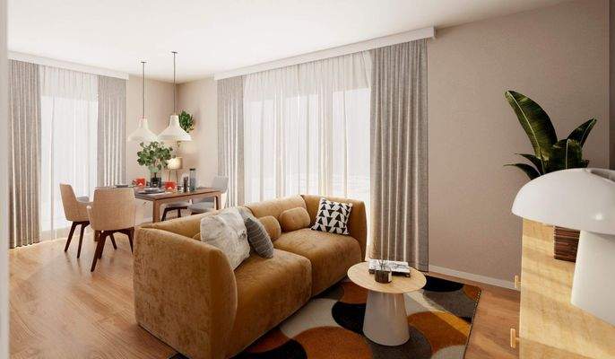 Gemütliches Wohnzimmer mit Essbereich und viel Licht