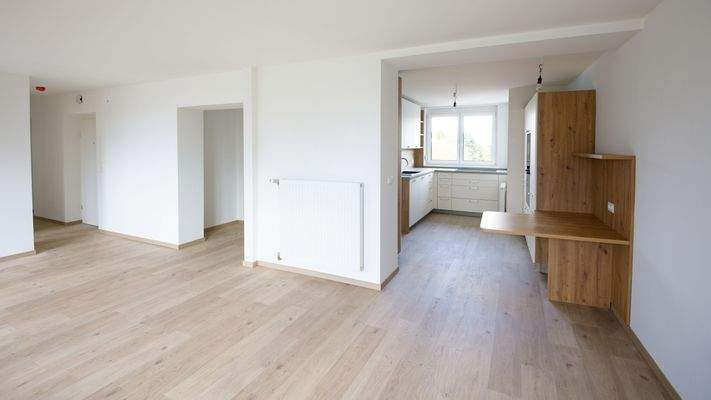 Wohn-Esszimmer mit Blick in die Küche