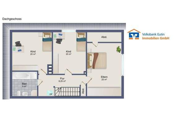 Grundriss Dachgeschoss mit Wohnbeispiel