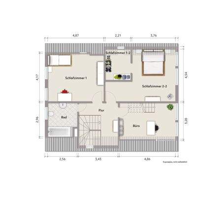 Grundriss Dachgeschoss (nicht maßstabsgerecht, Möblierungsbeispiel)