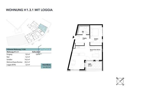 Grundriss - Wohnung H1.3.1 im Haus 1 mit Loggia