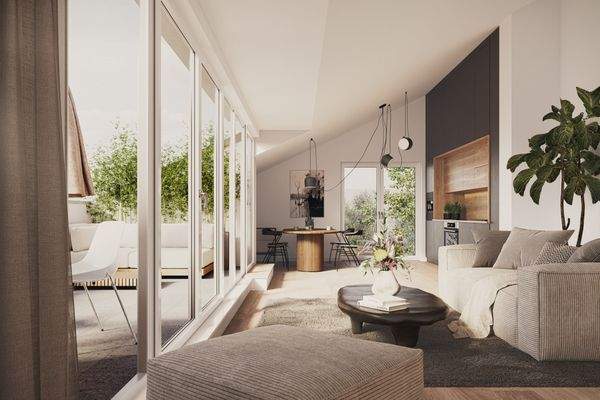 Visualisierung Wohnzimmer mit Zugang zur Terrasse