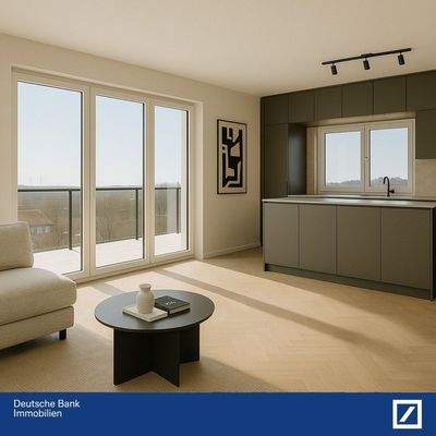 Offener Wohn- und Küchenbereich mit Blick auf die Dachterrasse