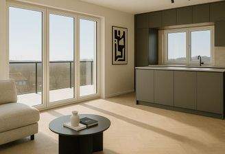 Offener Wohn- und Küchenbereich mit Blick auf die Dachterrasse