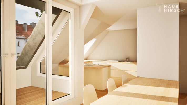 Blick über Essbereich in die Küche