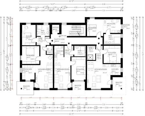 Grundriss mit Maßketten, 3. OG., W 13,14,15,16