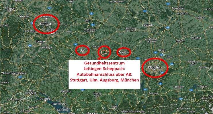 Makro-Lage: Mittig von Stuttgart, Ulm, Augsburg und München