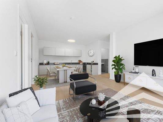 Wohn-/Esszimmer & Küche mit Möblierungsvorschlag