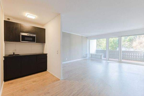 Blick in den Wohn-/Ess-/Schlafbereich mit Kochnische