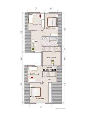 Grundriss Dachgeschoss (nicht maßstabsgerecht, Möblierungsbeispiel)