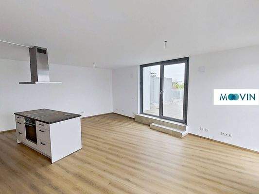 Ansicht III: Wohn- und Esszimmer mit offenem Küchenbereich