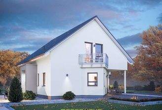 Modernes massa haus Fertighaus Einfamilienhaus im Lifestyle-Design bei Abenddämmerung, mit dunklem S