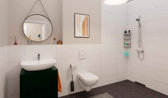 Modern gefliestes Bad mit bodengleicher Dusche