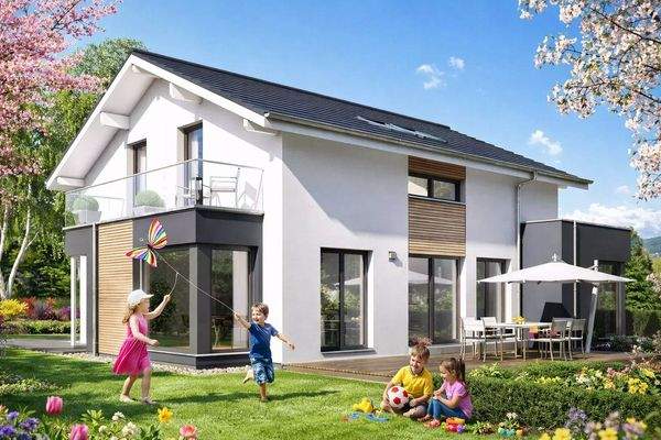 Moderne Familienidylle im Frühlingsgarten