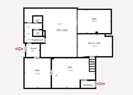 Grundriss Verwaltungsgebäude vorne_Flächen untere Etagen