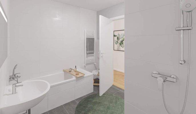 Modern gefliestes Badezimmer mit Badewanne