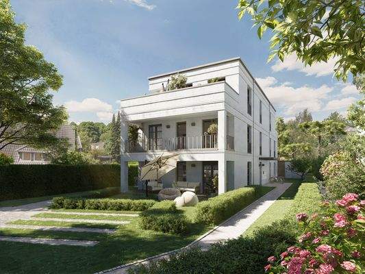 Außenansicht mit Blick in den Garten (Visualisierung)