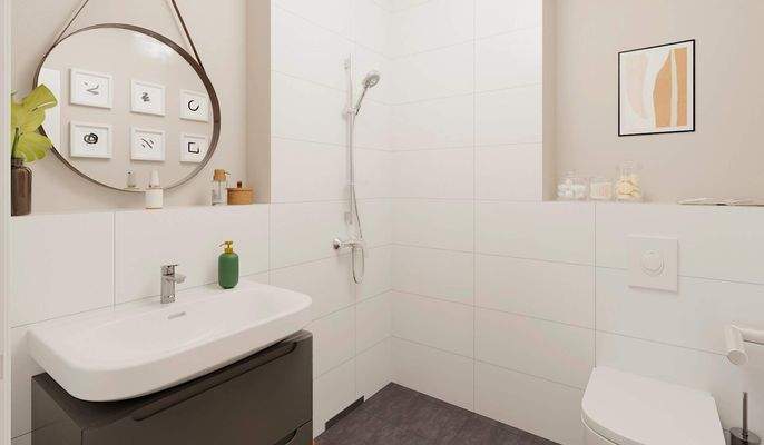 Ein modern gefliestes Badezimmer