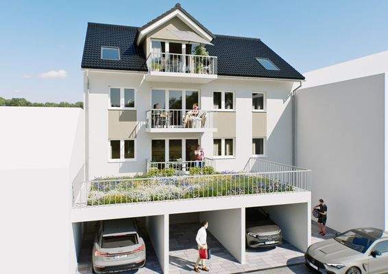 Außenansicht mit Balkon und Carport