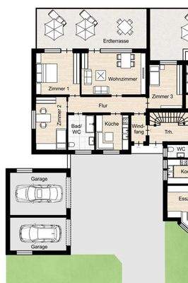 W2: 4,5-Zi EG-Wohnung, Grundriss mit Garagen