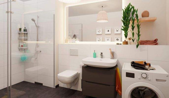 Eine bodengleiche Dusche gestaltet die Morgenrouti